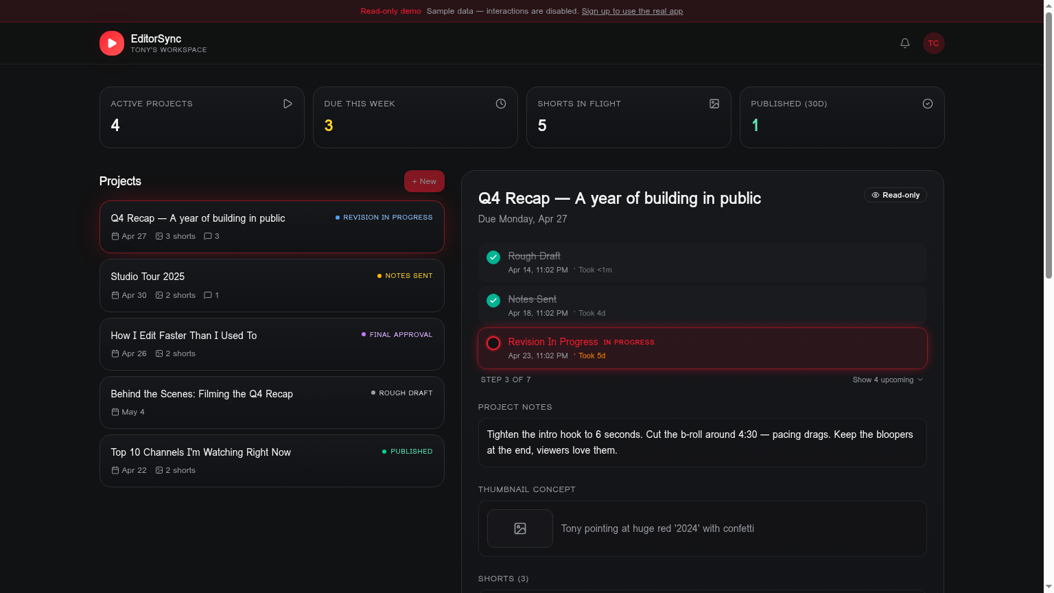 EditorSYNC dashboard showing video projects across pipeline stages